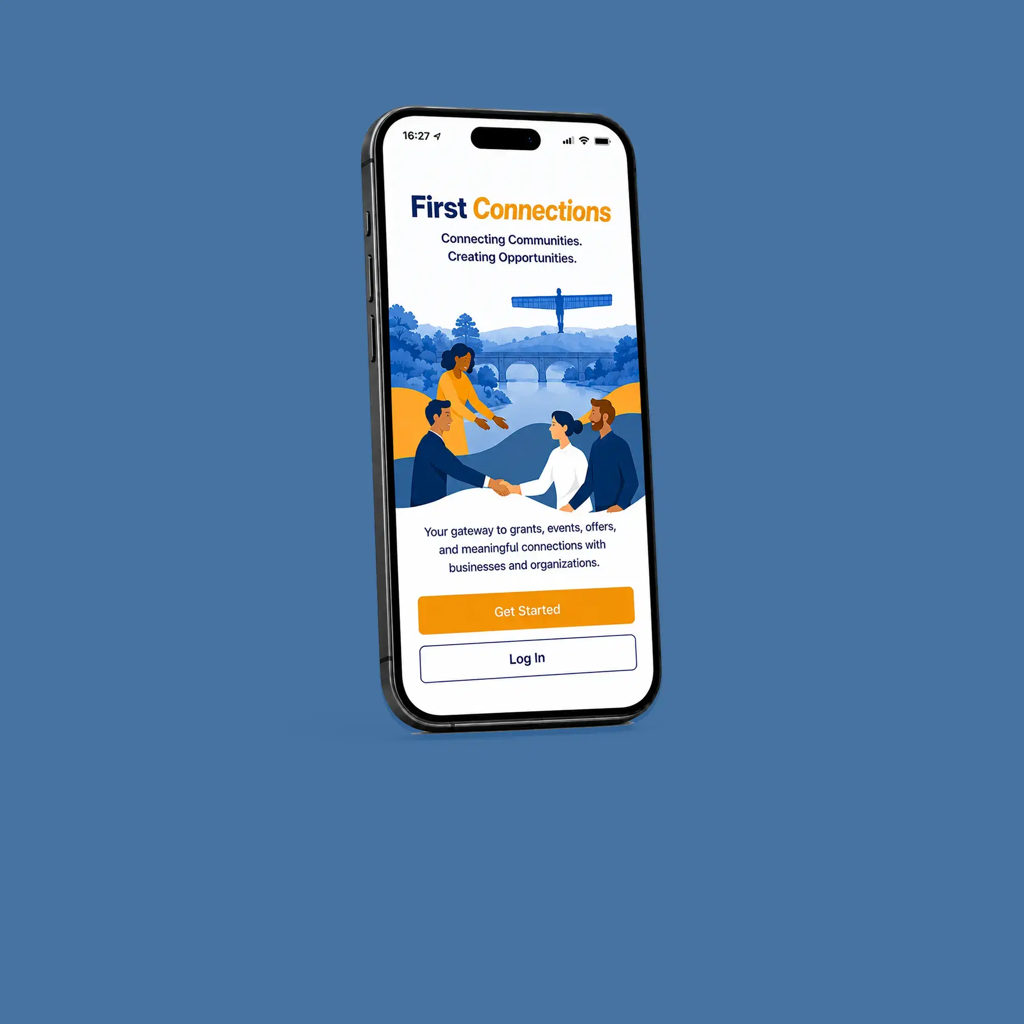 The First Connections app welcome screen, showing the Get Started and Log In options.