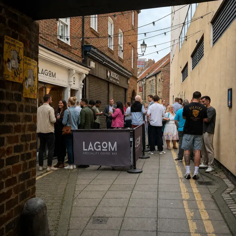 Attendees queuing and chatting outside Lagom Speciality Coffee Bar at a Newcastle First coffee morning.