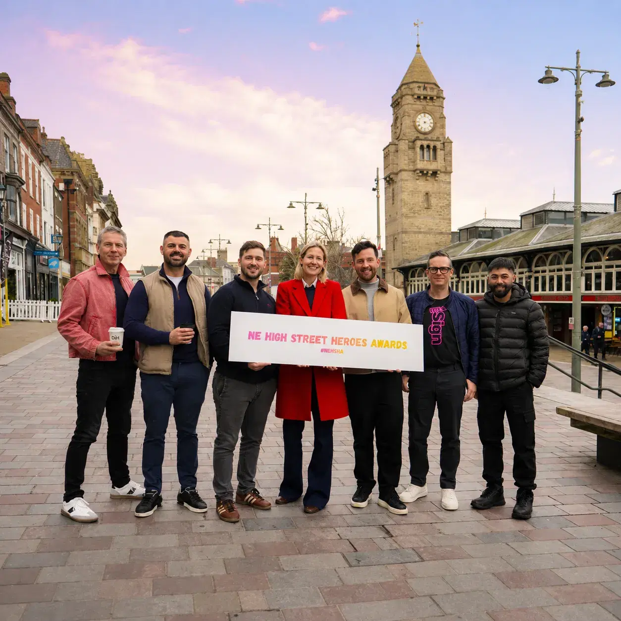 A group holding an NE High Street Heroes Awards sign on a North East high street.