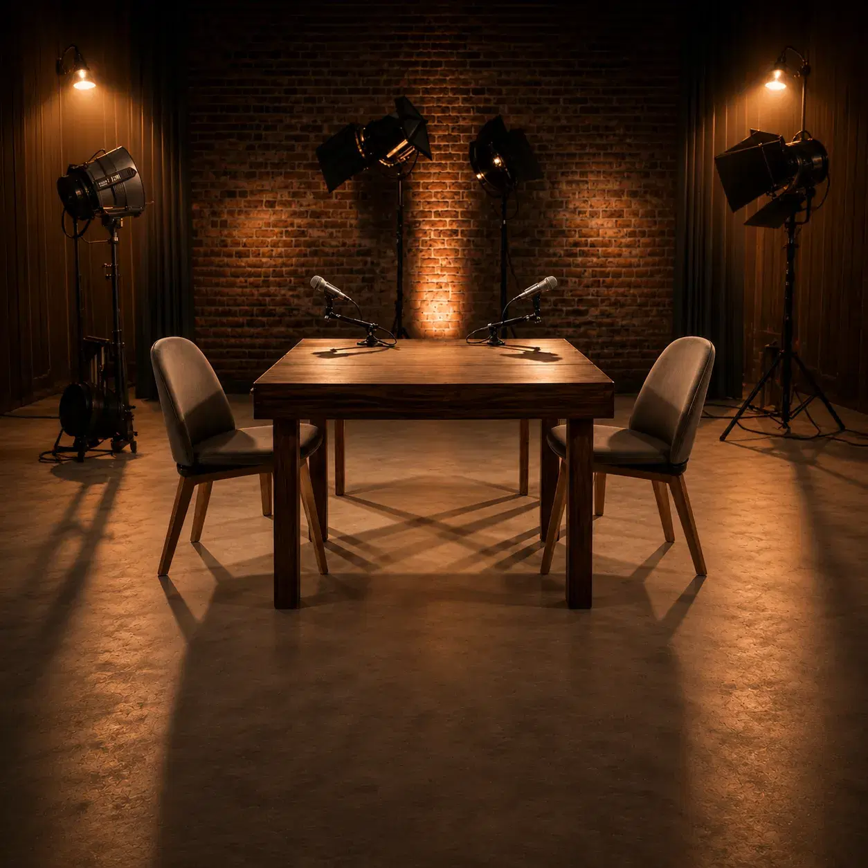 An empty podcast studio: two microphones on a wooden table between two chairs, lit against an exposed brick wall.